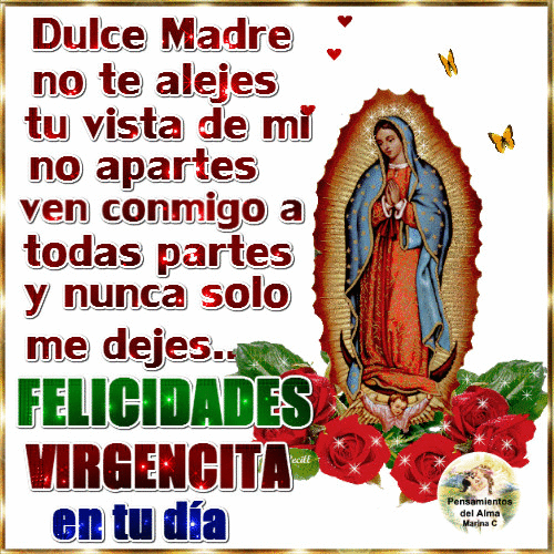 Imagen animada de la Virgencita de Guadalupe con una oracion y felicidades en tu día