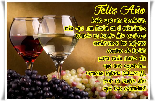 Imagenes de copas y uvas con mensaje brindis año nuevo